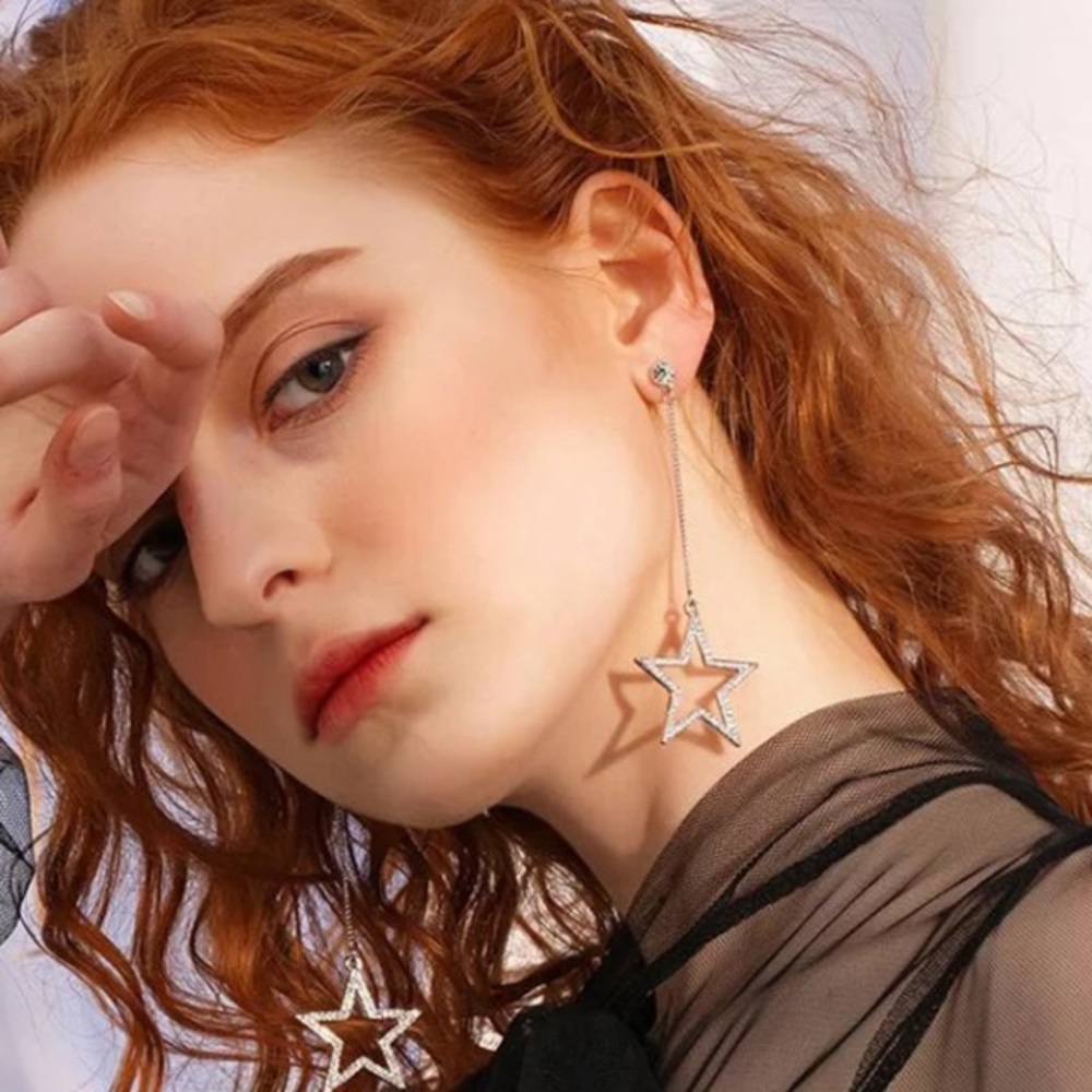 Silver Tone Long Star Earrings - Picture 2 of 5